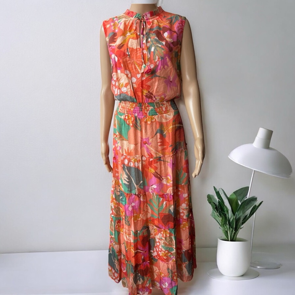 Floral Sleeveless Long Maxi Dress - Orange and Green. can fit from L to XL.